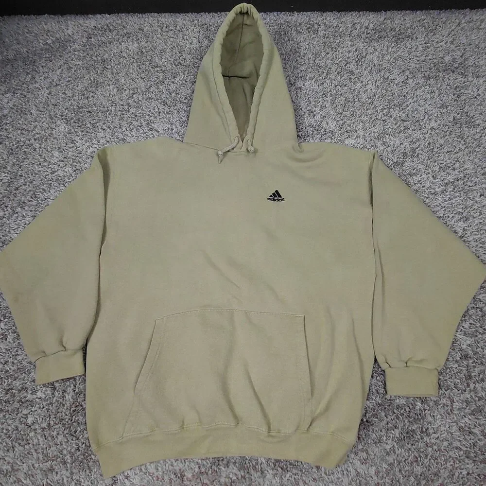 Vintage 90s Adidas Hoodie Sweatshirt Mens XL Off Green Made In USA Logo Hooded